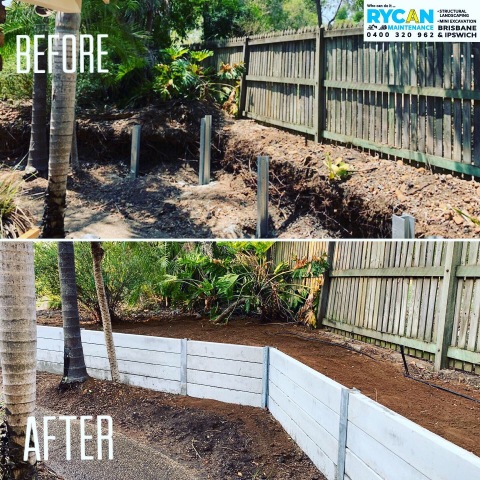 Rycan Maintenance Before and After Concrete Sleeper Retaining Wall Karana Downs