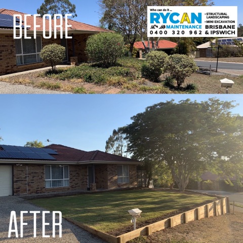 Rycan Maintenance Before and After Turfing and Timber Sleeper Retaining Wall